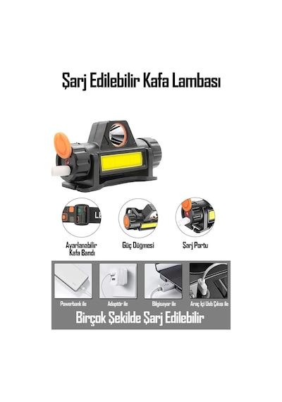 Kafa Lambası Led Şarjlı Su Geçirmez Darbeye Dayanıklı Kamp İş Kafa Feneri 6500k 4w Siyah