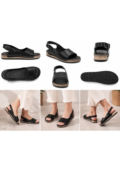 N Napa Shoe Np.306.siyah Deri Sandaletnapa Shoe Hakiki Deri Kadın Günlük Sandalet Ayarlanabilir Tokalı Siyah Comfort Model