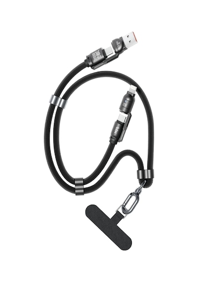 Bix 240w Usb-a Ve Usb-c Ve Lightning Çok Fonksiyonlu Askı İpli Premium Örgü 1.5 Metre Yüksek Hızlı Şarj Ve Veri Kablosu Siyah