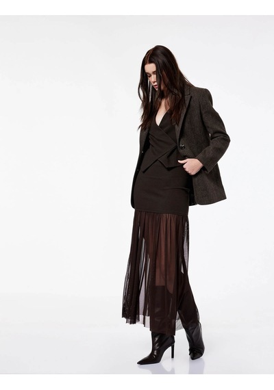 Koton Slim Fit Tül Detaylı Kahverengi Kadın Etek 6wak10307ek Kahverengi