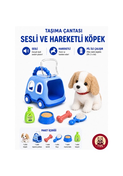 Oyuncak Köpek Taşıma Çantalı Sesli Hareketli Pilli, Emekleme Oyuncağı Aksesuarlı Çocuklar İçin Eğitici Hayvan Sevgisi Mavi
