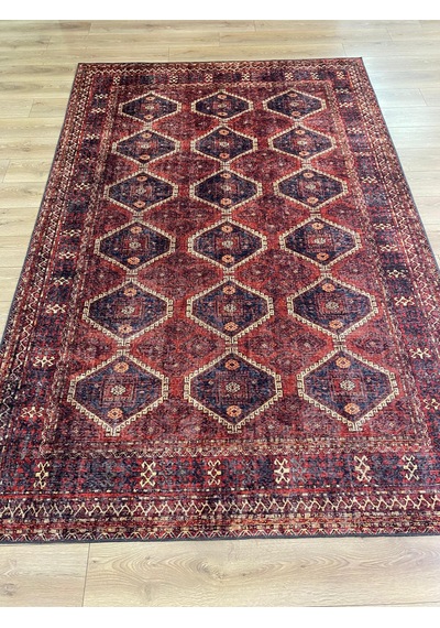 Çam Halı Anatolia 32-058 Etnik Afgan Halısı Desenli Dokuma Tabanlı Yıkanabilir Şönil Salon Ve Oda Halısı Bordo - Kırmızı