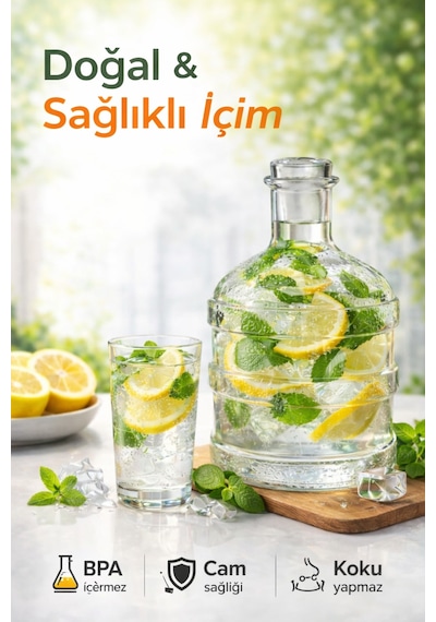 Cam Damacana Sürahi 2 Litre Detoks & Limonata Şişesi, Dekoratif Cam İçecek Dispenseri
