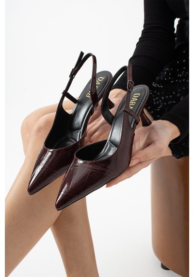 Dabab Shoes Maysa Kadın Bordo Rugan Kroko Dokulu Sivri Burun Bilek Bantlı İnce Topuklu Ayakkabı