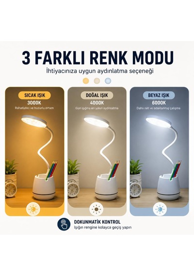 Tr Masa Lambası, Esnek Gövdeli Gece Lambası Ve Kalemlik, Dokunmatik Işık Parlaklığı Hassasiyeti, 3 Farklı Renk Diğer