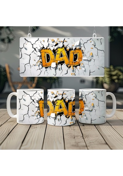 3 Boyutlu Dad Yazılı Kupa Kırık Duvar Efektli Tasarım - Babaya Hediye Kabartmasız Beyaz