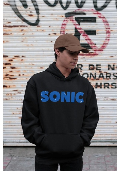 Sevbano Sonic Baskılı Unisex Oversize Çizgi Film Hoodie Siyah