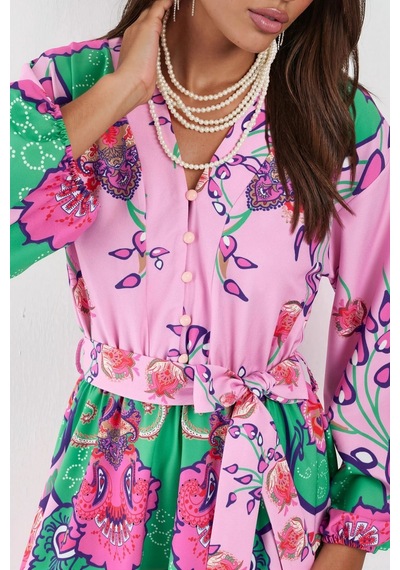 Hiccup Msn Çiçek Desenli V-yaka A-line Kemerli Mini Elbise Çok renkli
