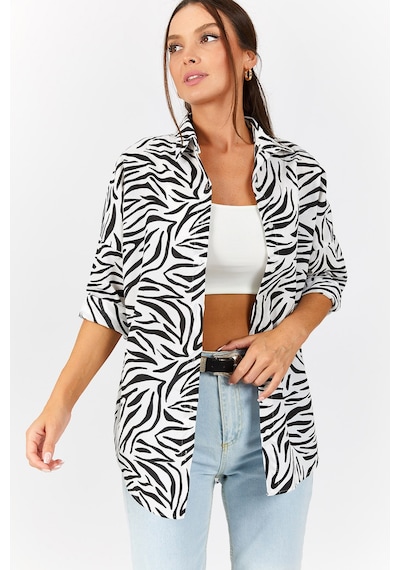 Armonika Kadın Siyah Zebra Desen Oversize Uzun Basic Gömlek Arm-22y001145