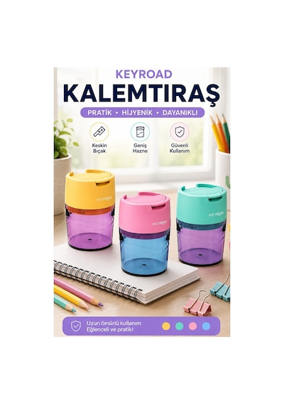 Renkli Kalemtraş 3 Adet Keyroad Kr-972410 Hazneli Çift Bıçaklı Kalem Açacağı Plastik Kalemtıraş Kalem Traş Okul Sınıf