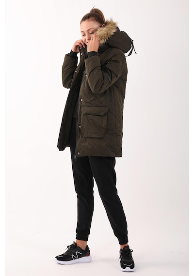 Maraton Sportswear Regular Kadın Kapşonlu Uzun Kol Basic Haki Parka 21418 Haki