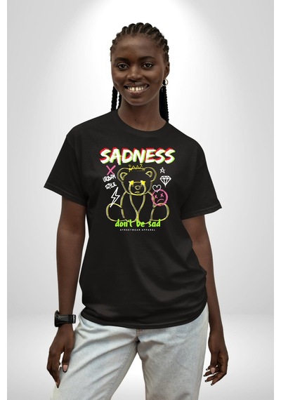 Üzüntü Üzülme Pamuklu Bisiklet Yaka Unisex Oversize Boyfriend Dijital Baskılı Siyah T-shirt Siyah