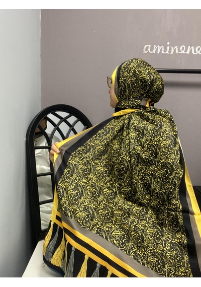 Aminenesil Cardion Premium Etnik Desen Şal Sarı Siyah Renk