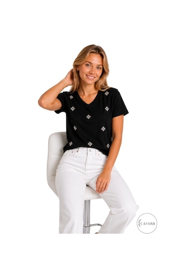Cassime Kadın Siyah Çiçek Taşlı %100 Pamuk Relaxed Fit Basic Tişört