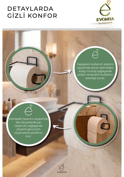 Yapışkanlı Tuvalet Kağıtlığı Minimal Mat Siyah Metal Kağıtlık Delmeden Montaj Banyo Askı