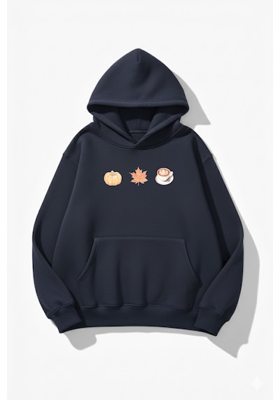 Uyguntarz Unisex Yumuşak Dokulu Pumpkin Spice & Cozy Vibes Baskılı Tasarım Oversize 3 İplik Hoodie Sweatshirt Indigo