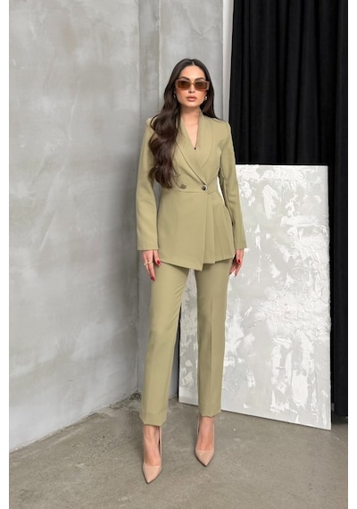 Msm Fashion Kadın İkili Blazer Ceket Pantolon Takım Pile Ve Düğme Detaylı Boru Paça Açık Haki