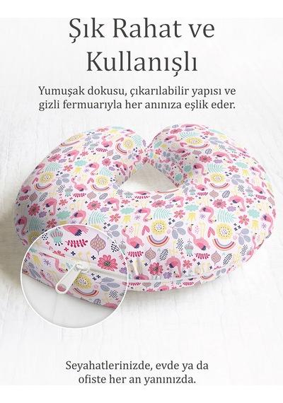 Pembe Flamingolu Pamuklu Boyun Yastığı - Renkli Çiçekli Desen Çocuk & Yetişkin Seyahat Yastığı Göl Pas