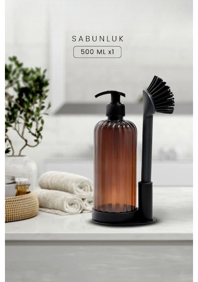 Mainshop Sıvı Sabunluk Yumuşak Silikon Fırçalı Set -bulaşık Deterjanı-çamaşır Suyu - Amber Şişe 500 Ml M-166