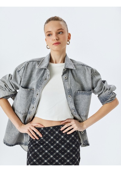 Koton Oversize Düğmeli Cep Detaylı Yıkamalı Denim Shacket Gri 5sal60007md Gri
