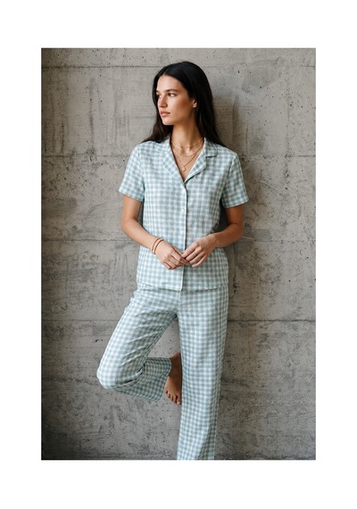 Fit Women V Yaka Düğmeli Casual Su Yeşili Pijama Takımı