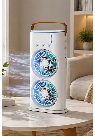 Şarjlı Spreyli Buzlu Fan Vantilatör Çift Fanlı Buharlı Hava Soğutucu 120ml Kumandalı Salınım