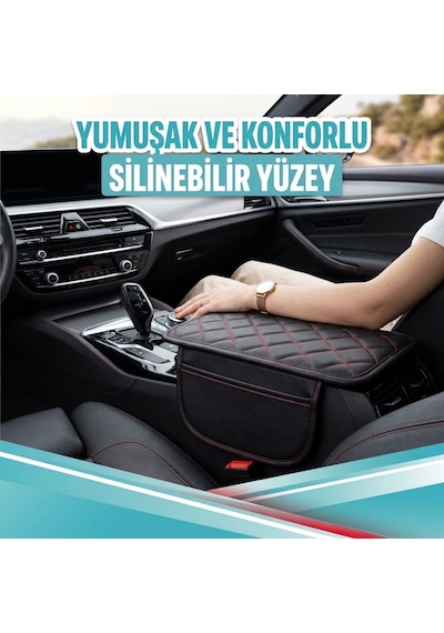Ford Mustang Uyumlu Cepli Deri Kolçak Minderi Koruyucu Örtü Siyah Deri Kırmızı Dikiş