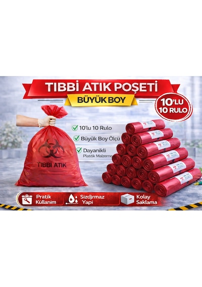 Tıbbi Atık Poşeti Büyük Boy 10'lu 10 Rulo Kırmızı Tıbbi Atık Atık Poşeti Seti