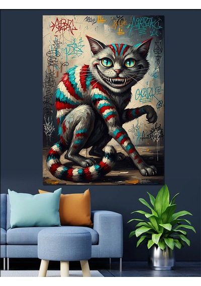 Ahşap Tablo Çizgili Renkli Kedi Pop Art Dekoratif Tablolar