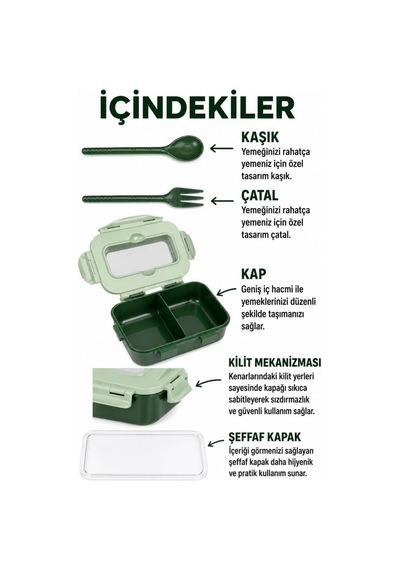 Piev Kilitli Sızdırmaz Çatal Kaşıklı 2 Bölmeli Beslenme Kabı Yeşil