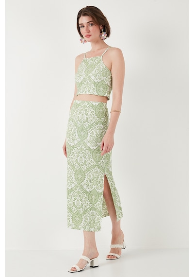 Lela Slim Fit Ip Askılı Yırtmaçlı Midi Alt-Üst Bayan Takım 5869021 Olive