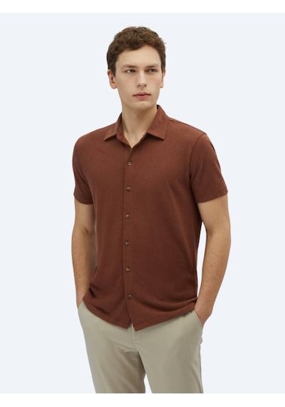 Kip Kahverengi Düz Regular Fit Casual Pamuk Karışımlı Gömlek Kahverengi