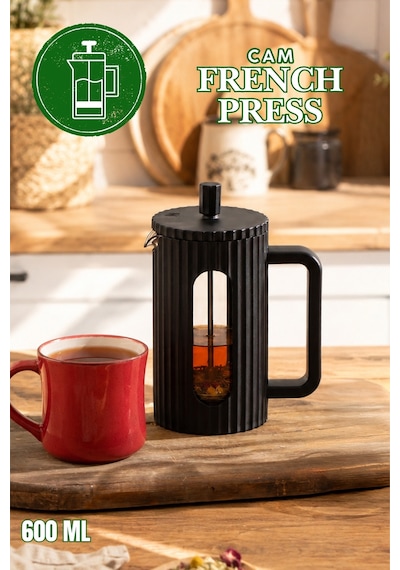 Porsima Smartpan Bv093 French Press Paslanmaz Çelik Süzgeçli Cam Bitki Çayı Demliği Kahve Presi - 600 Ml Siyah