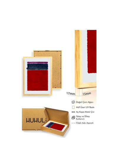 Doğal Ahşap Çerçeveli Soyut Renk Blokları Desenli Tablo - Canlı Tonlar Huhu1453