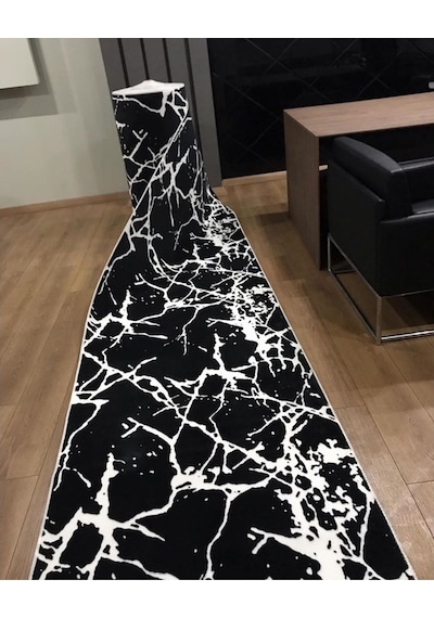 Jelux Halı Siyah Beyaz Kaymaz Jel Taban Koridor Kesme Yolluk