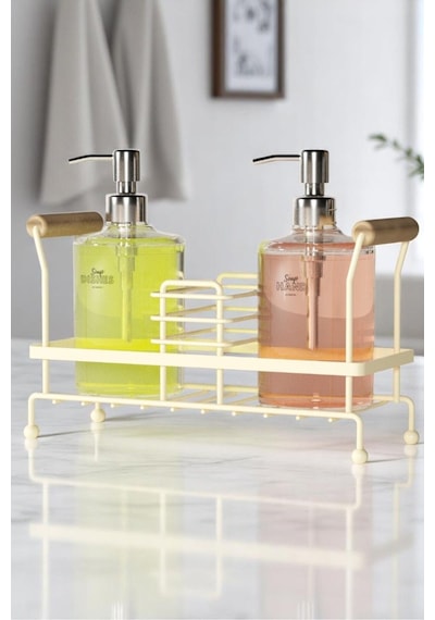 Suntel 2 Li Metal Standlı Plastik Sıvı Sabun Şişesi Sabunluk 500 Ml Krem Bej