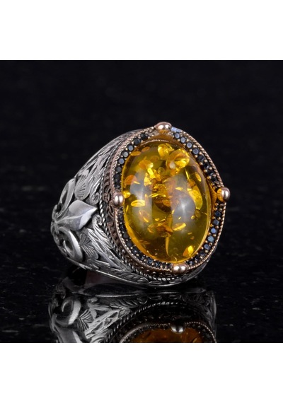 925 Ayar Gümüş Yüzükler Premium Üretilmiş Taşlarla Bal Amberi Gümüş