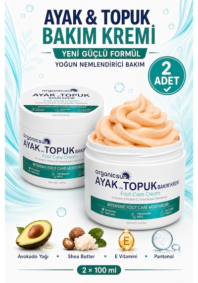 Organicsun Ayak Ve Topuk Çatlak Bakım Kremi 100ml X 2 Adet - Ayak Kokusu, Tırnak Bakımı Avokado Ve Shea Yağlı Yoğun Nemlendirici