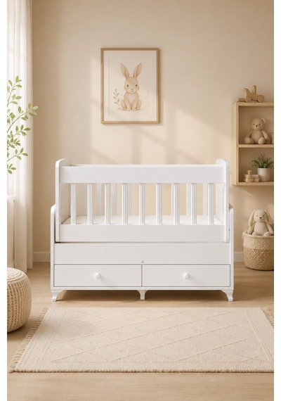 Beşik, Elegant Çekmeceli Sallanan Beşik 60x120- Beyaz Çok Renkli