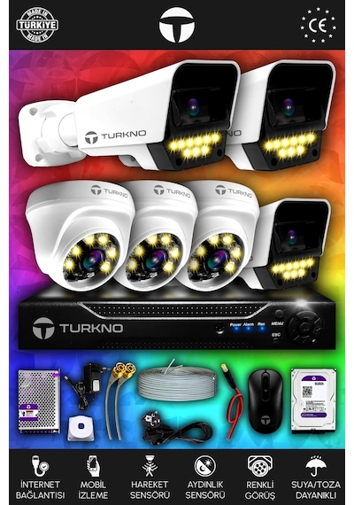 Turkno 6 Kameralı Supia 3 İç Kamera Set 320 GB 5 MP 2K Net Renkli Gece Görüşlü Güvenlik Kamerası Sistemi