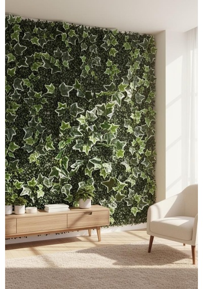 Yapay Çiçek Duvar Kaplama Panel Yeşilbeyaz Sarmaşık Hedera Tabaka 40x60cm Dik Duvar Uygulama Yeşil