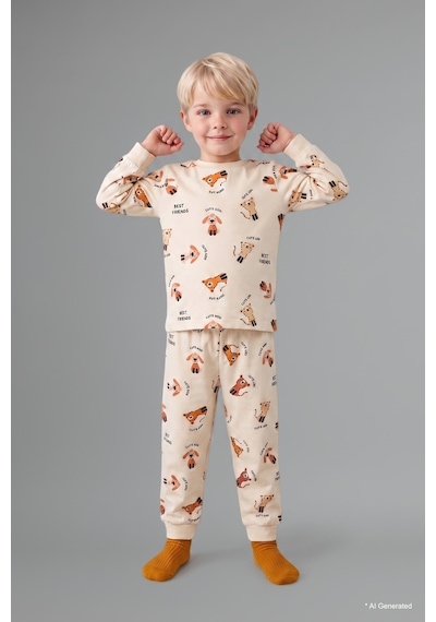 Defacto %100 Pamuk Uzun Kollu Bisiklet Yaka Üst Jogger Alt Hayvan Baskılı 2li Pijama Takımı Erkek Bebek H6537a526aubg734 Bej-bg734