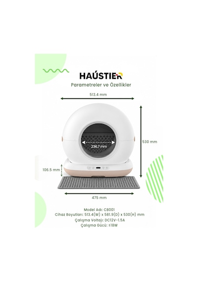 Haustier Cb001 Akıllı Otomatik Kedi Tuvaleti, App İle Kontrol, 75lt İç Hazne, 7lt Çöp Haznesi