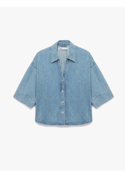 Koton Oversize V Yaka Pamuklu Yarım Kollu Jean Gömlek Açık İndigo 7wal60001md