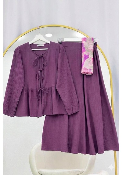 Lovie Moda Önü Bağlamalı Kol Lastikli Etekli Takım Mor