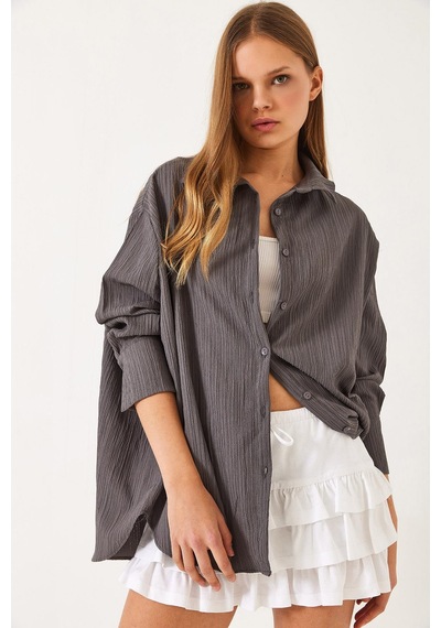 Shade Kadın Düşük Omuz Oversize Basic Bürümcük Gömlek 60392 60271069 - Füme