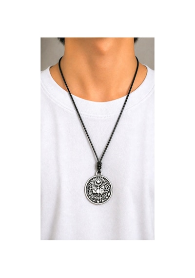 Kore İp Askılı Ve Krom Çelik Kaplamalı Unisex Tribal Kolye Gümüş2