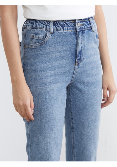 Lcw Comfort İndigo Beli Lastikli Mom Fit Kadın Jean Pantolon