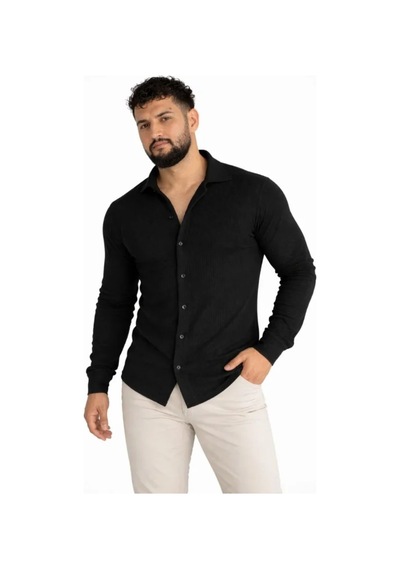 Butik İstanbul Erkek Waffle Kumaş Uzun Kollu Düğmeli Açık Yaka Regular Fit Gömlek - Siyah