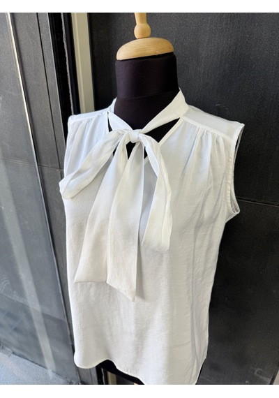 Pera Moda Sıfır Kol Fularlı Modal Yazlık Kadın Gömleği Beyaz
